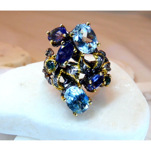 Stunning Blue Topaz- Iolite Sterling Silver Ring Botanical Vines Size 8 Cocktail - Picture 6 of 9